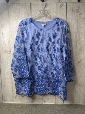 Blair Women Large Blue Floral Embroidered Lined Top Scalloped Hem Dressy Career
